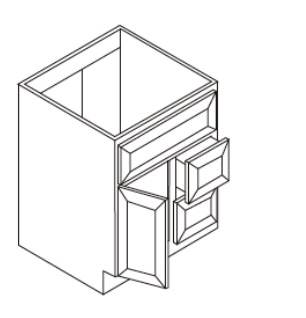 Isometric view of a cabinet with open doors and drawers.